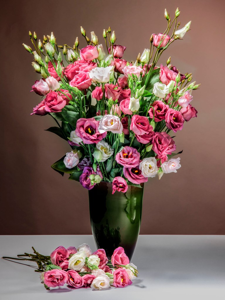 Blumenstillleben #04, Glasvase mit Lisianthus, 2020